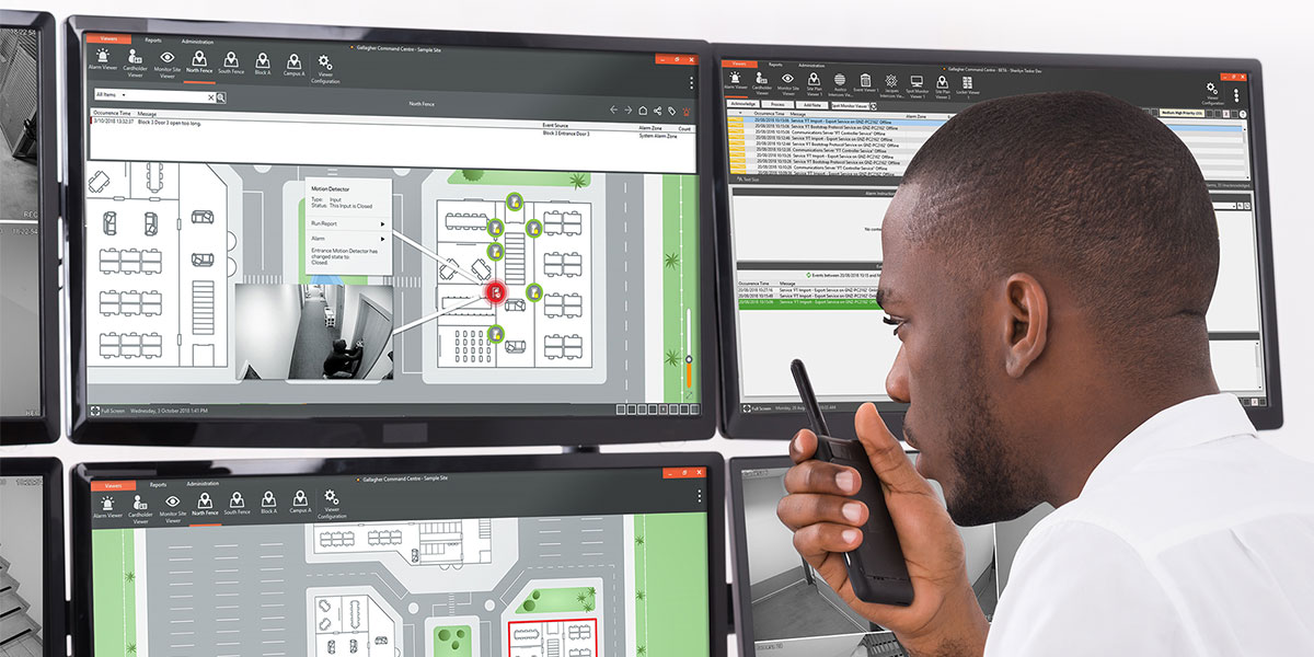 Security Manager at workstation looking at Gallagher Intruder Alarms viewer in Command Centre