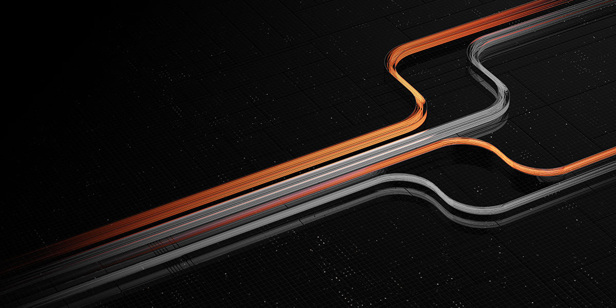 Geometric orange and grey lines connecting data